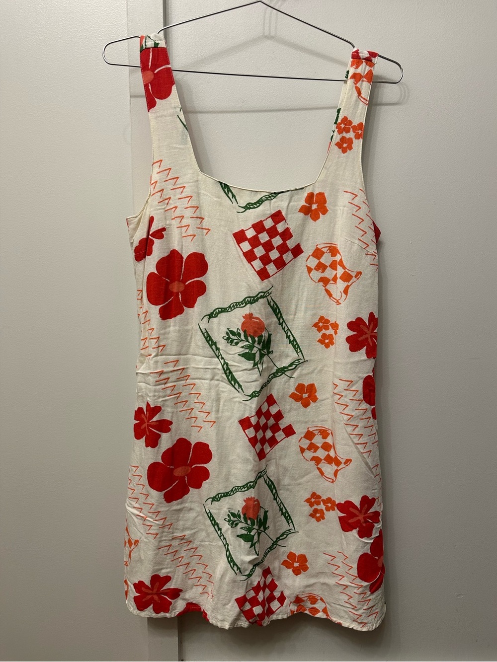 Japna Cream Floral Checkered Summer Tank Dress with Red, Orange & Green Accents